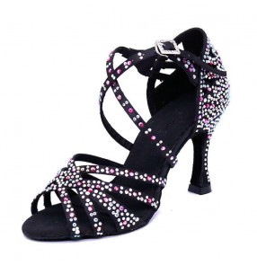 Women's Black Flesh gemstones Latin dancing shoes Latin ballroom tango foxtrot performance sandals shoes salsa adult soft sole